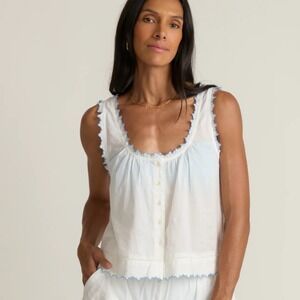 Minnow NWT White Eyelet Shell Button Front Tank Blue Trim Size Medium